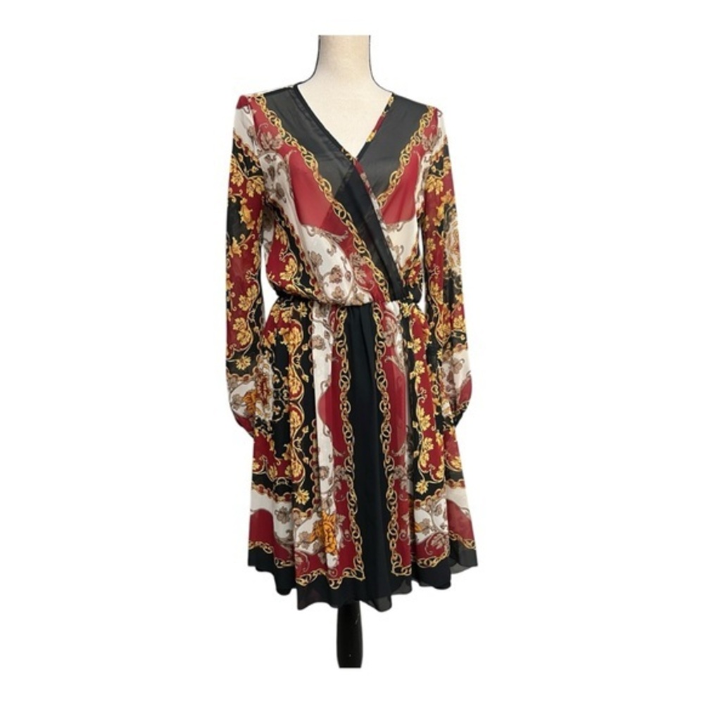 Va Va Voom Red and Green Wrap Sundress with Bishop Sleeves Size M